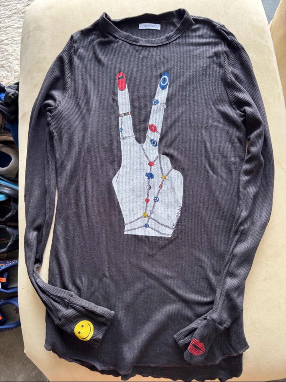 Lauren Moshi Black Long Sleeve Peace Hand Graphic Tee with Red Blue Accents